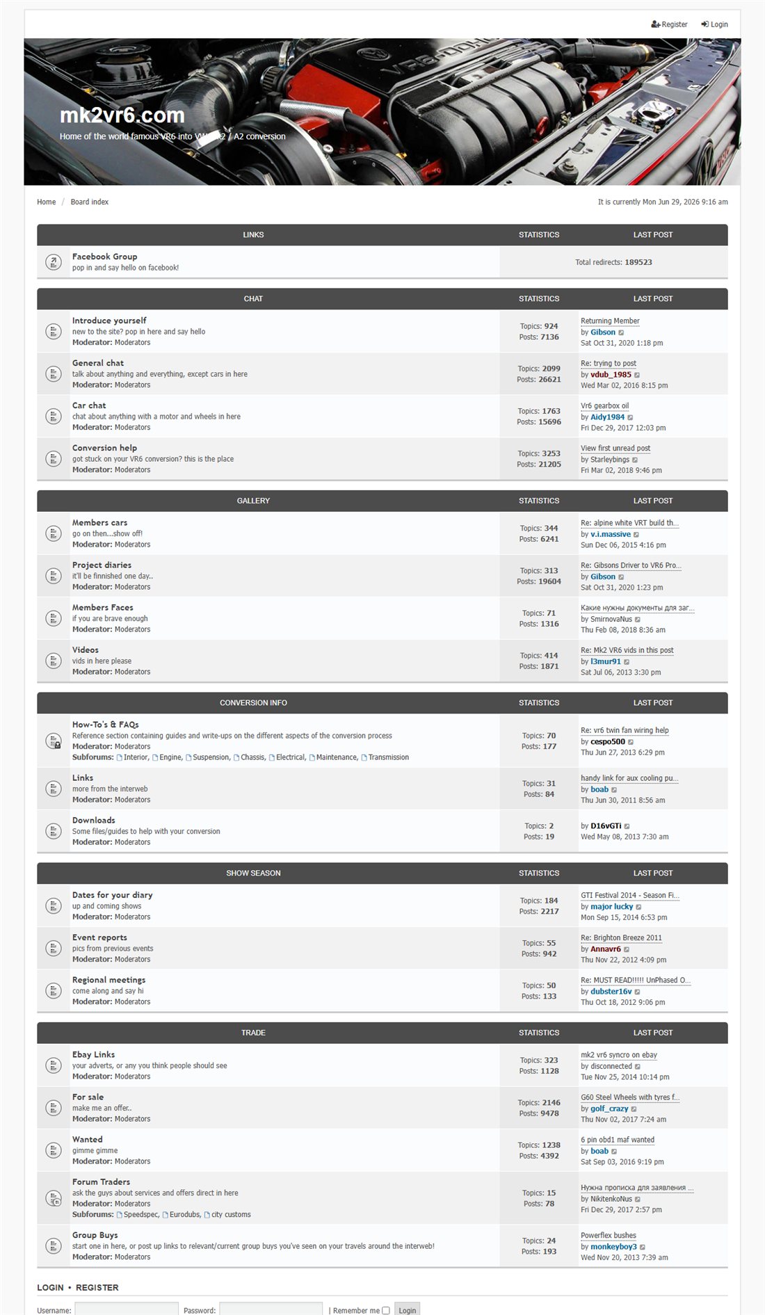 The mk2vr6.com forum board index, showing the VR6 engine header and forum categories.